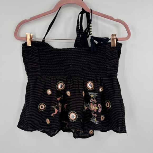 Free People Top Womens Small Black Pink Embroidered Boho Beaded Tassel Festival - Picture 7 of 10